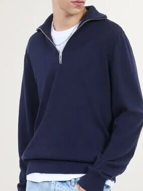 💜#71 BNWT The Kooples Men's Navy Half-Zip Sweater with Leather Elbow Patches